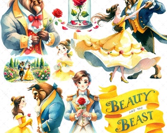May include: Watercolor clipart featuring Belle and the Beast from the Disney movie Beauty and the Beast. The set includes images of Belle and Beast dancing, Belle and Beast looking at each other, Beast holding a rose, Belle holding a rose, Belle and Beast in a garden, and a rose in a glass dome. The text "Beauty and the Beast" is written in a yellow banner.