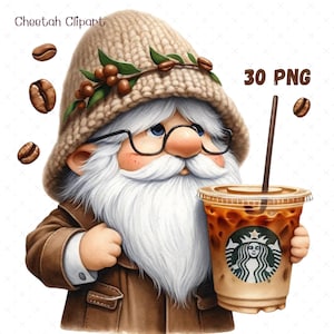 Gnomo de grano de café clipart Gnomos de café png Imágenes prediseñadas de café Acuarela café sublime Arte de pared de cocina Decoración de cafetería Barista gnomo png