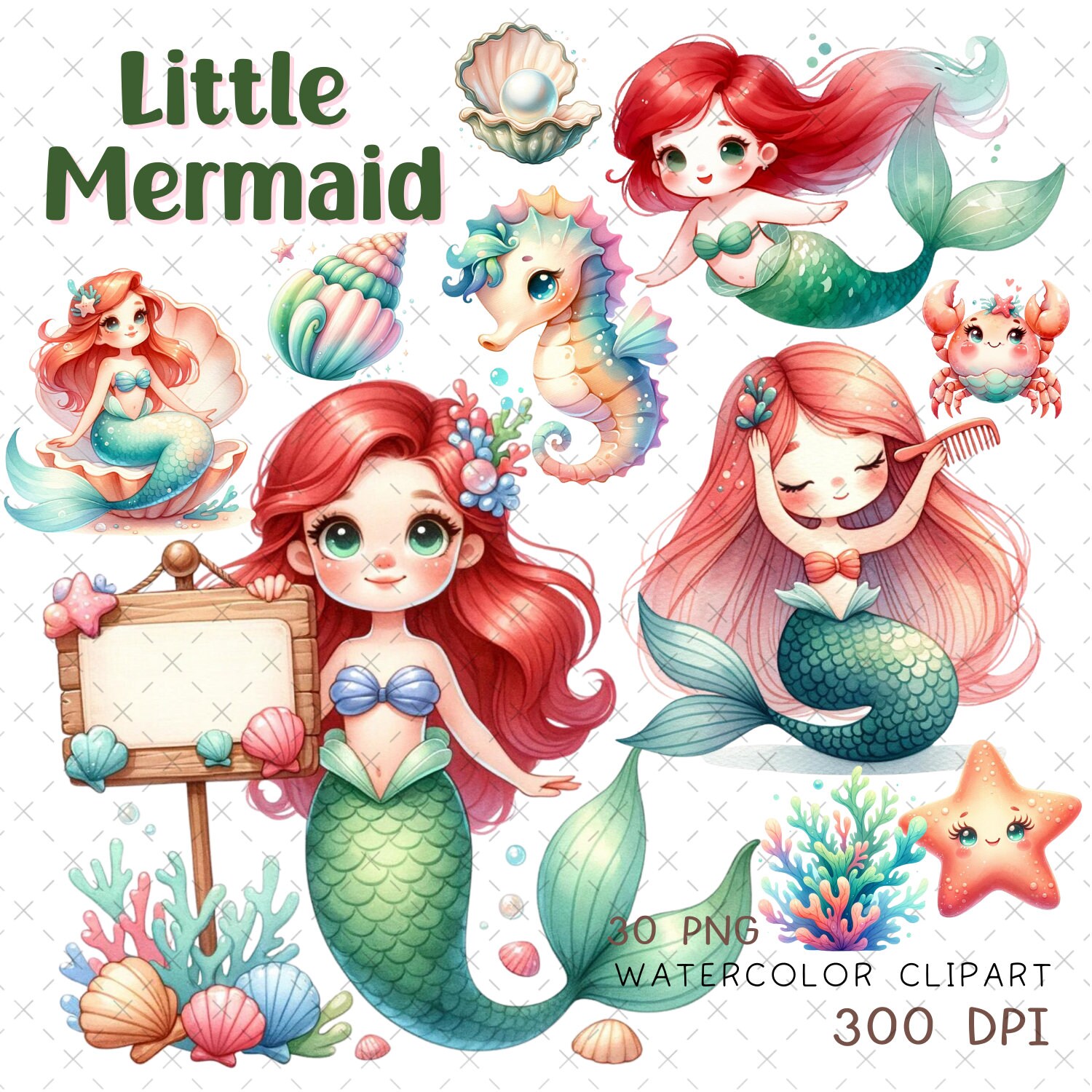 Little Mermaid Clipart: Watercolor Princess PNG Images (digital ...