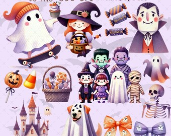 Halloween Clipart Bundle: Cute Witches, Ghosts, Skeletons (40 PNG)