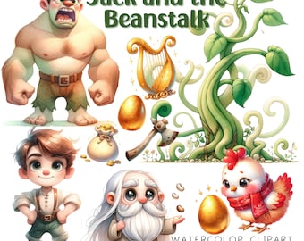 Könnte beinhalten: Aquarell-Clipart-Set mit Figuren aus dem Märchen Jack und die Bohnenstange. Das Set enthält Jack, den Riesen, eine goldene Harfe, ein goldenes Ei, einen Sack mit Goldmünzen, eine Axt, eine Bohnenstange, ein goldenes Ei, ein Huhn und einen Zauberer.
