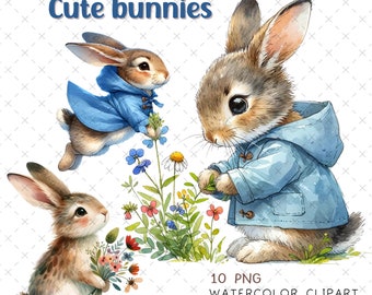 Clipart aquarel konijn: paashaas, png, kinderkamerkunst (digitale download)