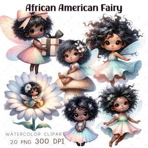 アフリカ系アメリカ人の妖精のクリップアート 水彩画 黒人少女 PNG かわいい妖精のクリップアート パステル妖精昇華デザイン 魔法の妖精の画像ファイル