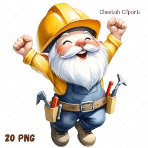 May include: A cartoon gnome wearing a yellow hard hat and blue overalls is smiling and raising his arms in the air. He is holding a hammer and a screwdriver in his tool belt.