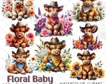 Cowboy Baby Highland Cow Clipart: Floral Watercolor PNG (Digital Download)