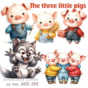 Die drei kleinen Schweinchen PNG Aquarell Märchen Clipart Geburtstag Kindergarten Wand Kunst Geburtstags Dekor Niedliche Tier Bauernhof Clipart Geschichte