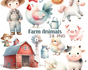 May include: Watercolor clipart set of farm animals, including a rooster, cow, pig, sheep, chick, horse, and a farmer. The set also includes a red barn, a windmill, a watering can, a nest with eggs, and a scarecrow. The text "Farm Animals 28 PNG" is included in the image.