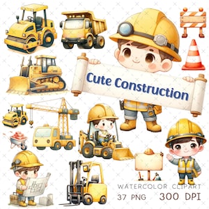 Bonito construção aquarela clip art veículo presente para arquivos de imagem de menino tema de aniversário menino construção caminhão sublimação arte de parede de berçário