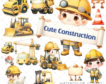 Construction Truck Watercolor Clipart: Boy Birthday Theme (Digital Download)