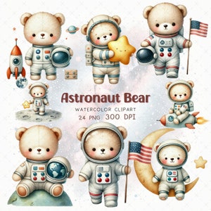 Orso astronauta PNG, orsacchiotto bambino, acquerello naturale, orso, clipart, file immagine, orsacchiotto, orso, arredamento nursery a sublimazione, compleanno, tema