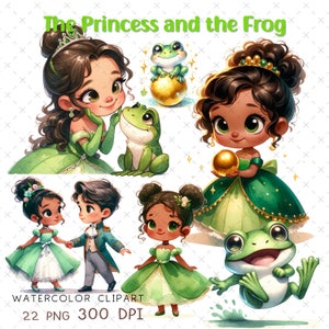 Op de afbeelding: Een set van 22 digitale clip art-afbeeldingen met een prinses en een kikker. De afbeeldingen zijn in aquarelstijl en perfect voor het maken van uitnodigingen, kaarten en andere knutselprojecten. De afbeeldingen zijn 300 DPI en in PNG-formaat.