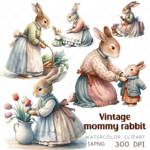 Vinatge konijn PNG mama konijn clipart cadeau voor moeder Bunny sublimatie nuery wallart afbeeldingsbestand zachte aquarel Home decor PNG maken kaart