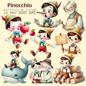 Pinocchio Clipart Pinocchio print Pinocchio Watercolor PNG Pinocchio Illustration Fairy tale birthday theme Pinocchio sublimation