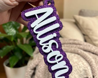 Glitter Name Tag, Dance Team Bulk Gift, Cheering Team Gift, Gymnastics Team Gifts, Personalized Backpack Name Tag, Wood Keychain