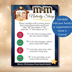 História de NATIVIDADE M&M'S EDITÁVEL, folheto de poema de Natal, PARA IMPRIMIR, Igreja Cristã Religiosa Jesus, Tag de Ministro Primário, Adicionar Nome