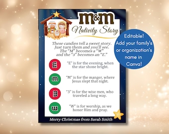 編集可能な M&M のキリスト降誕物語、クリスマスの詩の配布資料、印刷可能、キリスト教の教会のイエスの宗教、初等奉仕タグの御馳走、名前の追加