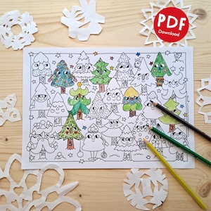May include: A Christmas-themed coloring page featuring numbered Christmas trees, paper snowflakes, and colored pencils. The image includes the text "PDF Download" in a red circle.