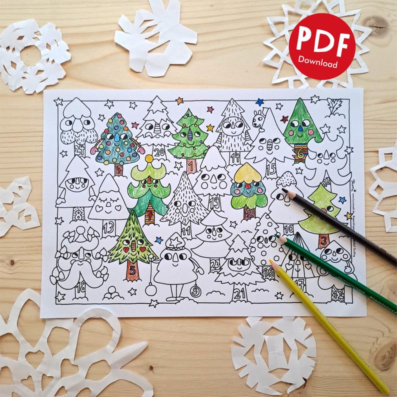 May include: A Christmas-themed coloring page featuring numbered Christmas trees, paper snowflakes, and colored pencils. The image includes the text "PDF Download" in a red circle.