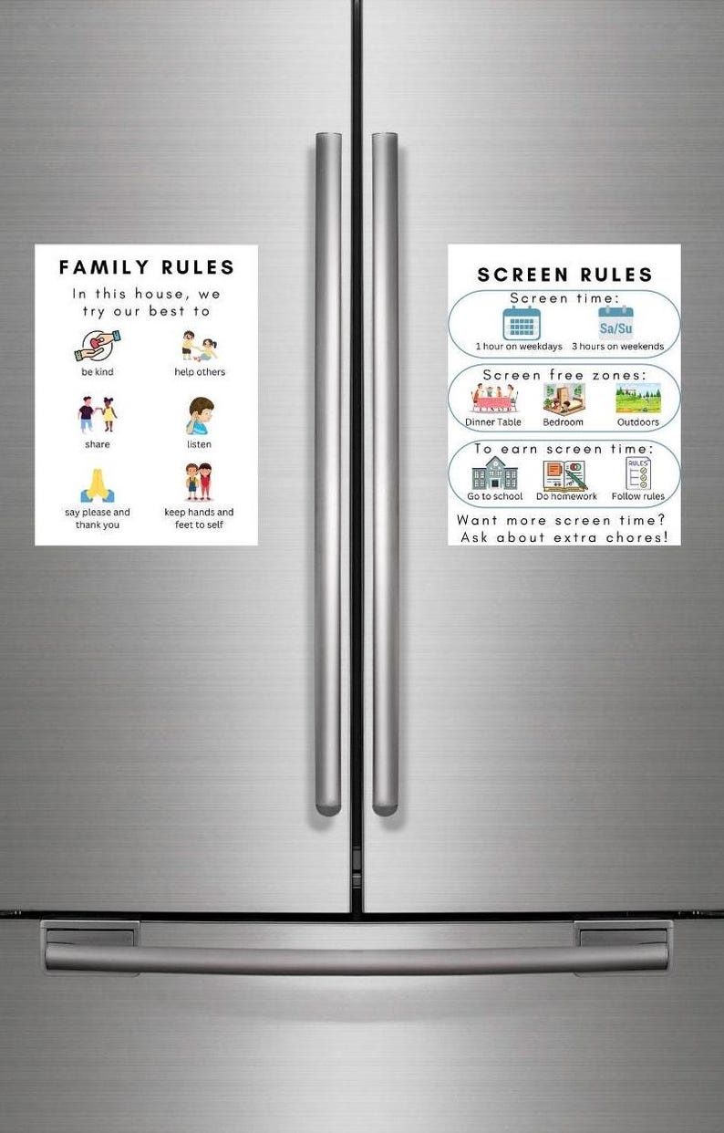 May include: Two white signs with black text and illustrations on a stainless steel refrigerator. The left sign is titled "Family Rules" and lists rules like "be kind", "help others", "share", "listen", "say please and thank you", and "keep hands and feet to self". The right sign is titled "Screen Rules" and lists screen time limits, screen-free zones, and ways to earn more screen time.