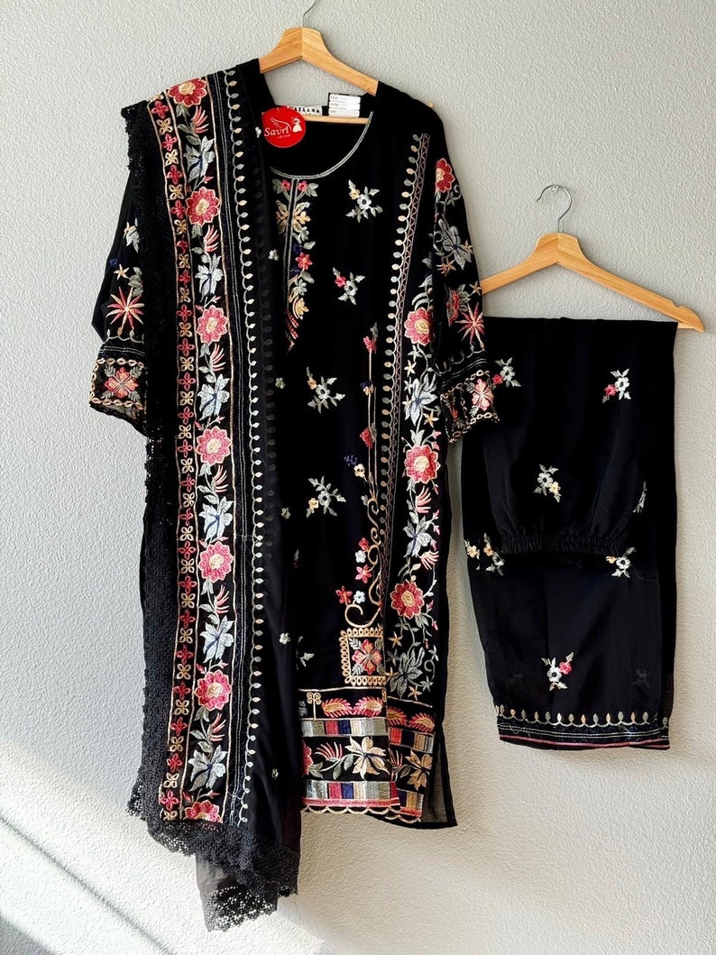 Lucky Card Black Kurta – Magna Fabric with Red & White Embroidery