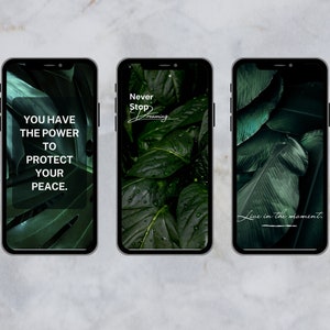 May include: Three iPhone wallpapers featuring dark green tropical leaves with white text overlays. The first wallpaper says "You have the power to protect your peace." The second wallpaper says "Never stop dreaming." The third wallpaper says "Live in the moment."