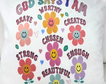 Faith Pillow for Kids, God Says I Am Christian Affirmation Pillow, Inspirational Bible Verse Cushion, Self Love Gift