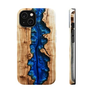 May include: A phone case with a wood grain design and a blue resin inlay. The resin is shaped like a river flowing through the wood.