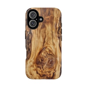 May include: A brown wood phone case with a natural wood grain pattern. The case has a raised camera bump and a black border.