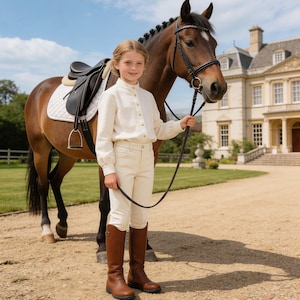 May include: A young equestrian stands next to a brown horse, wearing a cream-colored riding shirt and pants, paired with brown riding boots. The horse is saddled and bridled, with a large house in the background. The scene is set outdoors on a sunny day.