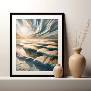 Puede incluir: Una impresión enmarcada de un paisaje marino surrealista con nubes arremolinadas y olas en tonos azules, blancos y dorados.