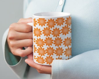 Orange Flower Mug, Floral Tea Cup, Ceramic Orange Design Mug, Cute Floral Coffee Mug, Ceramic Flower Mug, Tea Cup With Flowers, Mug For Gift
