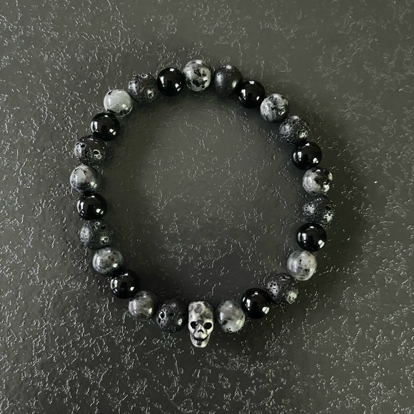 Bracelet perles pierre naturelle Larvikite noire Crâne Gris l Tête de mort Bijoux Homme Femme l Rock l Fait Main l Cadeau anniversaire