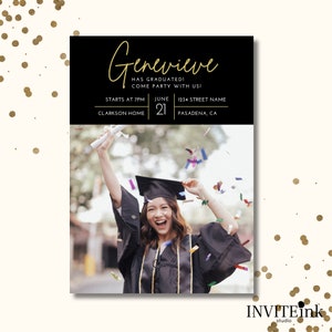 Modello di invito per festa di laurea in nero e oro / Design digitale Canva / Modificabile e stampabile