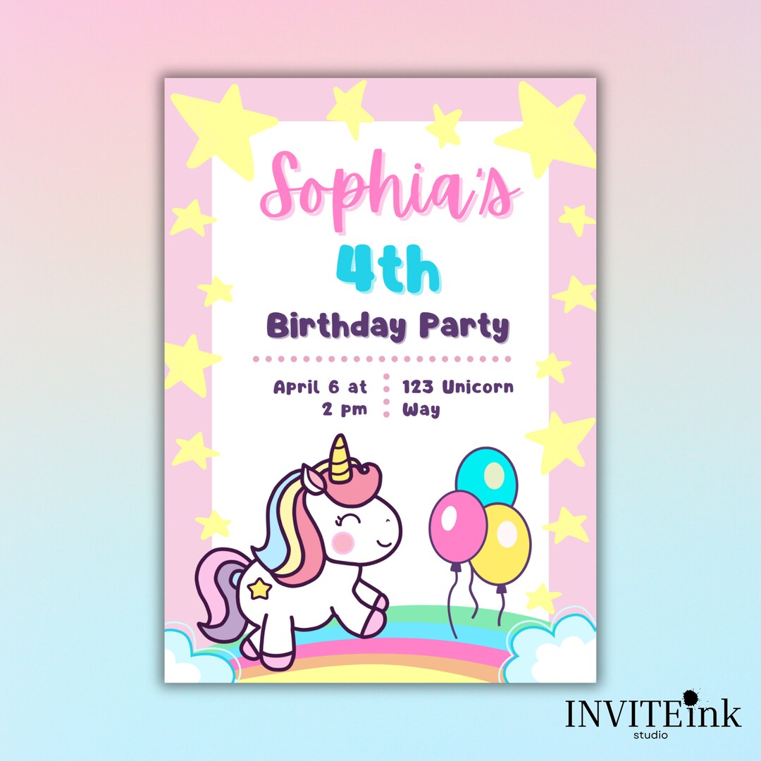 Cute Rainbow Unicorn Birthday Invitation Template | Editable Digital ...