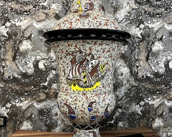 Vase turc artisanal en céramique, bateau pirate et poisson, grand vase unique pour décoration intérieure, cadeau artistique
