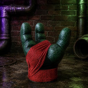 May include: A three-fingered green hand sculpture with a textured, bumpy surface. The hand is wrapped in a wide, bright red fabric band that covers the wrist and palm area, creating a distinct contrast against the dark green skin-like texture.