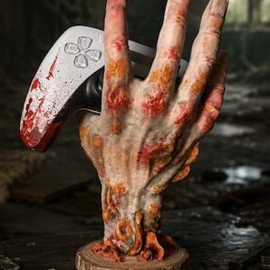Può includere: Una scultura verticale di una mano testurizzata in decomposizione con tonalità di pelle screziate di grigio pallido, giallo e rosso, che regge un controller per videogiochi bianco schizzato di vernice rossa. La mano è montata su una base circolare in legno chiaro.