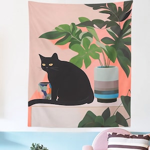 Black Cat Tapestry Wall Hanging,Cute Cartoon Cat Wall Art, Modern Minimalist Home Decoration,Funny Dorm Room Decor,Gifts for Girls