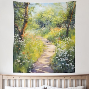 カントリー風景タペストリー、春の花の壁掛け、ヴィンテージ油絵アート壁装飾、リビングルーム寝室寮のホームデコレーション