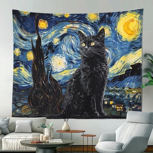 ゴッホ風星月夜黒猫タペストリー、サイケデリックヒッピー壁掛けアート、油絵風ホームデコレーション、お父さんお母さんへのギフト