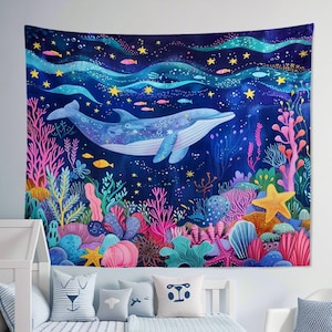 シロナガスクジラのタペストリー、海をテーマにしたファブリック壁掛け、寝室、リビングルーム、寮、子供部屋、保育園の海底風景壁装飾