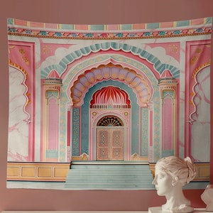 大きなピンクの宮殿タペストリー壁掛け、インドの古代の建物の壁アート、寝室、リビングルーム、寮、オフィスのレトロアートウェディングパーティーの装飾