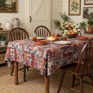 May include: A dining table set for a meal, featuring a patterned tablecloth in red, blue, and orange hues. The table is set with plates, bowls, glasses, and a wooden bowl of fruit. Wooden chairs surround the table, creating a warm, inviting atmosphere.
