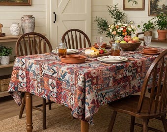 Vintage lapptäcke Boho bordsduk, etnisk geometrisk matbordsduk, rektangulär bordsduk i bomull och linne