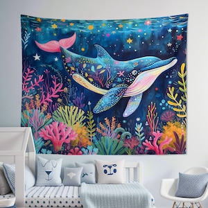青い海のクジラのタペストリー、漫画の動物のタペストリー、壁掛け、子供部屋、リビングルーム、寝室のホームデコレーション
