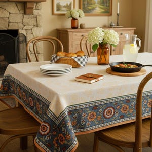 Op de afbeelding: Een crèmekleurig tafelkleed met een bloemenrand in marineblauw, oranje en groen bedekt een houten tafel. Witte borden, een broodmand, een gietijzeren koekenpan en een leren notitieboek liggen op de tafel. De kamer heeft een open haard en houten meubels.