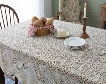Vintage Lace Crochet Tischdecke, rechteckige Esstischabdeckung, Bauernhaus-Hochzeitstischdekoration