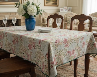 Vintage Pink Floral Block Print Tablecloth, Green Trim Cotton Linen Dining Rectangular Table Cover