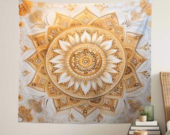Mandala Beige Tapestry,Psychedelic Wall Hanging,Boho Wall Art Decor,Vintage Flower Aesthetic,Tarot Cloth,Bedding Tapestry,College Dorm Decor