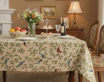 Mantel vintage botánico con diseño de pájaros, de lino y algodón, rectangular, para comedor, ideal para casa de campo.